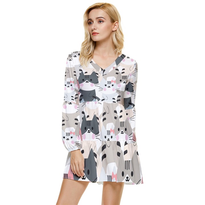 Cute-cat-couple-seamless-pattern-cartoon Tiered Long Sleeve Mini Dress