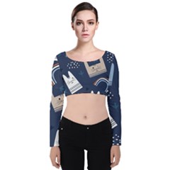 Colorful-cute-cats-seamless-pattern Velvet Long Sleeve Crop Top