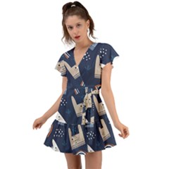 Colorful-cute-cats-seamless-pattern Flutter Sleeve Wrap Dress