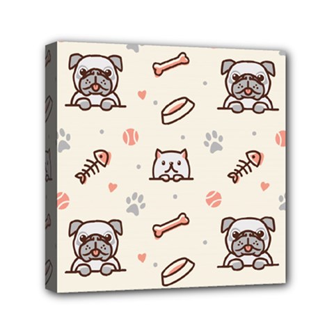 Pug-dog-cat-with-bone-fish-bones-paw-prints-ball-seamless-pattern-vector-background Mini Canvas 6  X 6  (stretched)