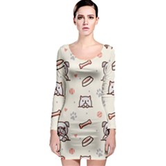 Pug-dog-cat-with-bone-fish-bones-paw-prints-ball-seamless-pattern-vector-background Long Sleeve Bodycon Dress