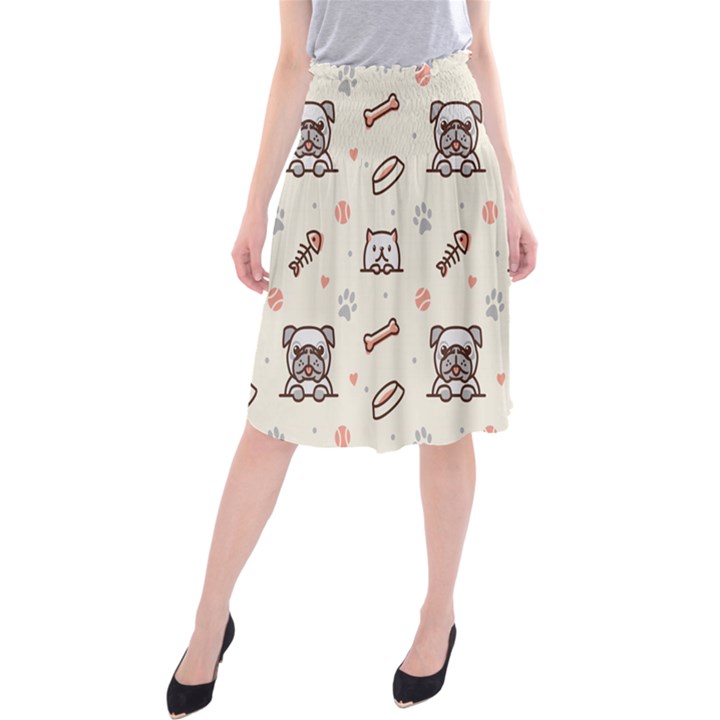 Pug-dog-cat-with-bone-fish-bones-paw-prints-ball-seamless-pattern-vector-background Midi Beach Skirt