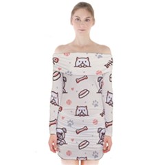 Pug-dog-cat-with-bone-fish-bones-paw-prints-ball-seamless-pattern-vector-background Long Sleeve Off Shoulder Dress