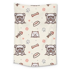 Pug-dog-cat-with-bone-fish-bones-paw-prints-ball-seamless-pattern-vector-background Large Tapestry by Jancukart