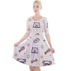 Pug-dog-cat-with-bone-fish-bones-paw-prints-ball-seamless-pattern-vector-background Quarter Sleeve A-line Dress