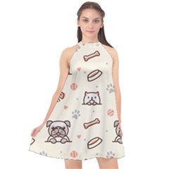 Pug-dog-cat-with-bone-fish-bones-paw-prints-ball-seamless-pattern-vector-background Halter Neckline Chiffon Dress 