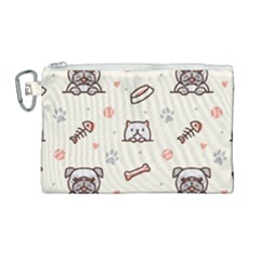 Pug-dog-cat-with-bone-fish-bones-paw-prints-ball-seamless-pattern-vector-background Canvas Cosmetic Bag (large)