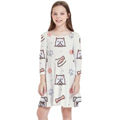 Pug-dog-cat-with-bone-fish-bones-paw-prints-ball-seamless-pattern-vector-background Kids  Quarter Sleeve Skater Dress