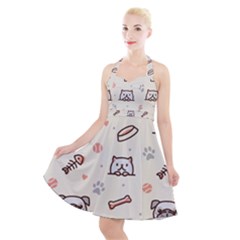 Pug-dog-cat-with-bone-fish-bones-paw-prints-ball-seamless-pattern-vector-background Halter Party Swing Dress 