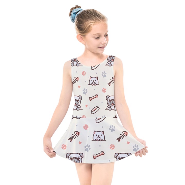 Pug-dog-cat-with-bone-fish-bones-paw-prints-ball-seamless-pattern-vector-background Kids  Skater Dress Swimsuit