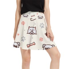 Pug-dog-cat-with-bone-fish-bones-paw-prints-ball-seamless-pattern-vector-background Waistband Skirt by Jancukart