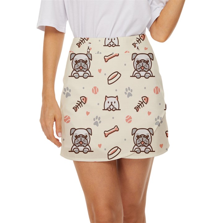 Pug-dog-cat-with-bone-fish-bones-paw-prints-ball-seamless-pattern-vector-background Mini Front Wrap Skirt