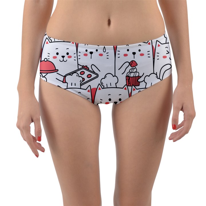 Cute-cat-chef-cooking-seamless-pattern-cartoon Reversible Mid-Waist Bikini Bottoms