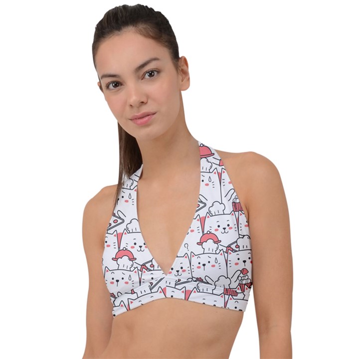 Cute-cat-chef-cooking-seamless-pattern-cartoon Halter Plunge Bikini Top