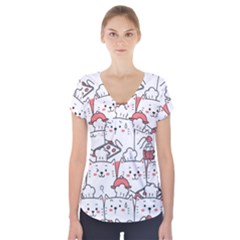 Cute-cat-chef-cooking-seamless-pattern-cartoon Short Sleeve Front Detail Top