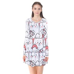 Cute-cat-chef-cooking-seamless-pattern-cartoon Long Sleeve V-neck Flare Dress by Jancukart