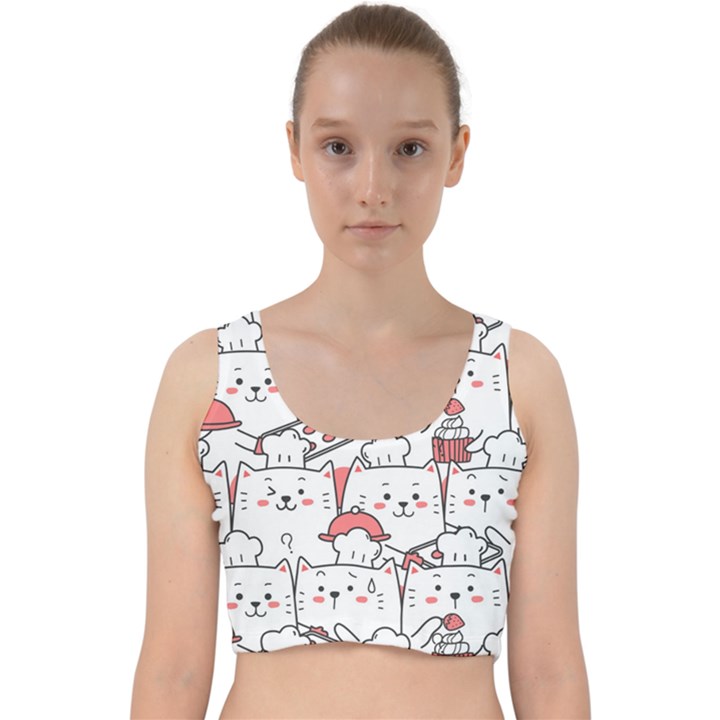 Cute-cat-chef-cooking-seamless-pattern-cartoon Velvet Racer Back Crop Top