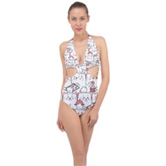 Cute-cat-chef-cooking-seamless-pattern-cartoon Halter Front Plunge Swimsuit by Jancukart