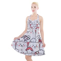 Cute-cat-chef-cooking-seamless-pattern-cartoon Halter Party Swing Dress 