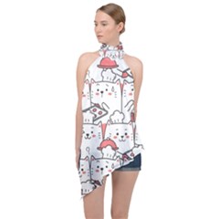 Cute-cat-chef-cooking-seamless-pattern-cartoon Halter Asymmetric Satin Top