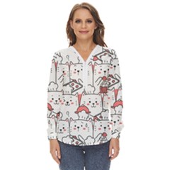 Cute-cat-chef-cooking-seamless-pattern-cartoon Zip Up Long Sleeve Blouse