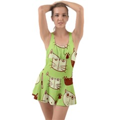 Cute-hand-drawn-cat-seamless-pattern Ruffle Top Dress Swimsuit