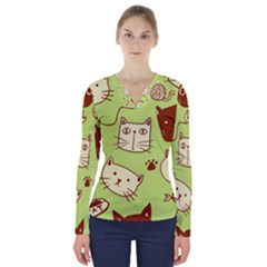 Cute-hand-drawn-cat-seamless-pattern V-neck Long Sleeve Top