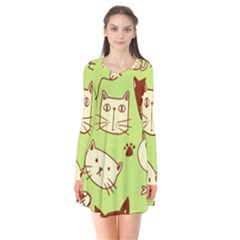 Cute-hand-drawn-cat-seamless-pattern Long Sleeve V-neck Flare Dress