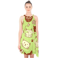 Cute-hand-drawn-cat-seamless-pattern Halter Collar Waist Tie Chiffon Dress