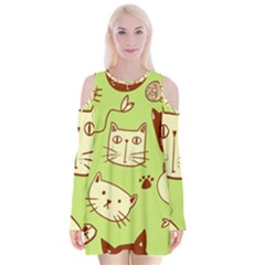 Cute-hand-drawn-cat-seamless-pattern Velvet Long Sleeve Shoulder Cutout Dress