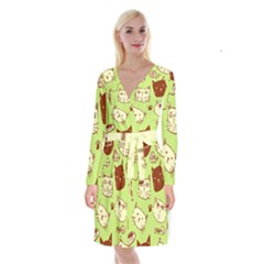 Cute-hand-drawn-cat-seamless-pattern Long Sleeve Velvet Front Wrap Dress