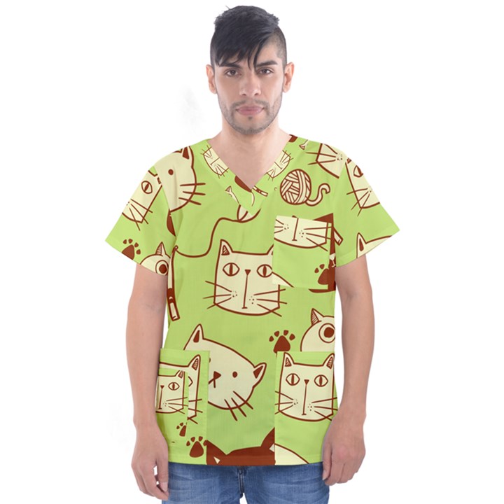 Cute-hand-drawn-cat-seamless-pattern Men s V-Neck Scrub Top