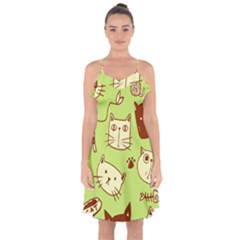 Cute-hand-drawn-cat-seamless-pattern Ruffle Detail Chiffon Dress