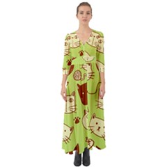 Cute-hand-drawn-cat-seamless-pattern Button Up Boho Maxi Dress