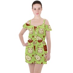 Cute-hand-drawn-cat-seamless-pattern Ruffle Cut Out Chiffon Playsuit