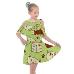 Cute-hand-drawn-cat-seamless-pattern Kids  Shoulder Cutout Chiffon Dress