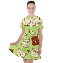 Cute-hand-drawn-cat-seamless-pattern Short Sleeve Shoulder Cut Out Dress 