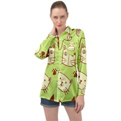 Cute-hand-drawn-cat-seamless-pattern Long Sleeve Satin Shirt