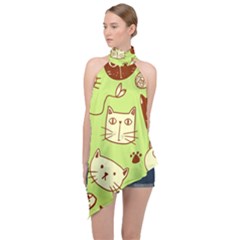 Cute-hand-drawn-cat-seamless-pattern Halter Asymmetric Satin Top