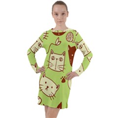 Cute-hand-drawn-cat-seamless-pattern Long Sleeve Hoodie Dress