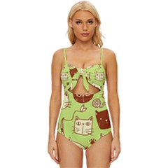 Cute-hand-drawn-cat-seamless-pattern Knot Front One-piece Swimsuit