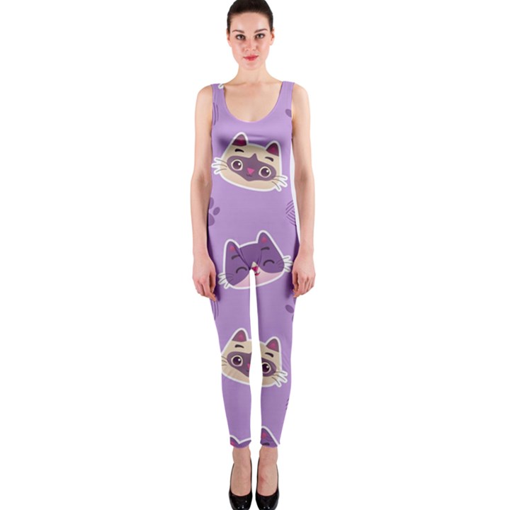 Cute-colorful-cat-kitten-with-paw-yarn-ball-seamless-pattern One Piece Catsuit