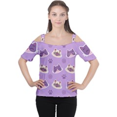 Cute-colorful-cat-kitten-with-paw-yarn-ball-seamless-pattern Cutout Shoulder Tee