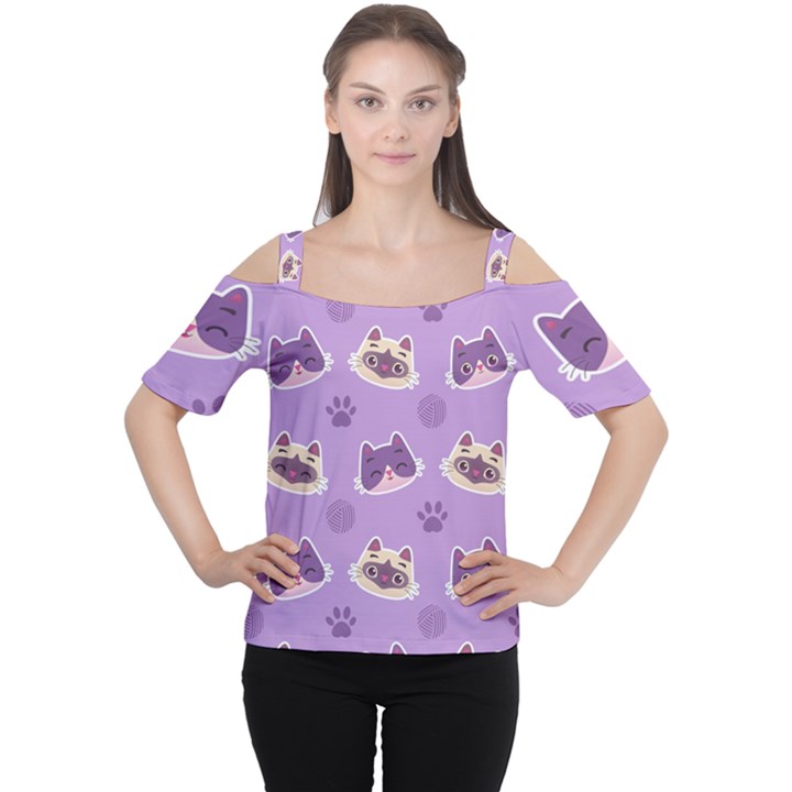 Cute-colorful-cat-kitten-with-paw-yarn-ball-seamless-pattern Cutout Shoulder Tee