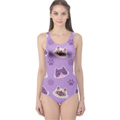 Cute-colorful-cat-kitten-with-paw-yarn-ball-seamless-pattern One Piece Swimsuit