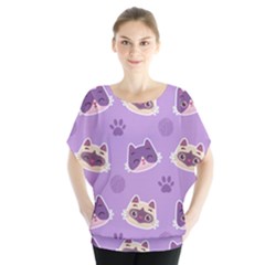 Cute-colorful-cat-kitten-with-paw-yarn-ball-seamless-pattern Batwing Chiffon Blouse