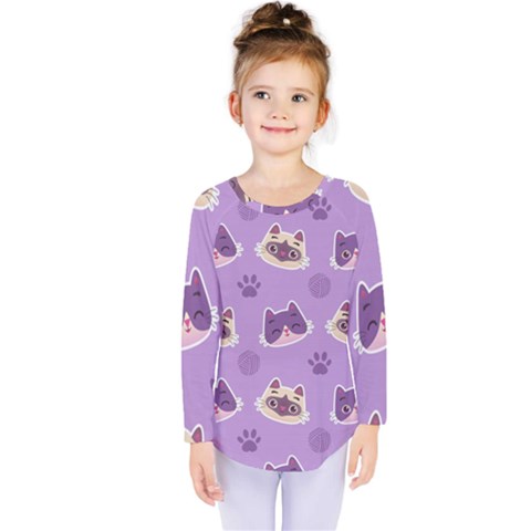 Cute-colorful-cat-kitten-with-paw-yarn-ball-seamless-pattern Kids  Long Sleeve Tee by Jancukart