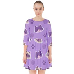 Cute-colorful-cat-kitten-with-paw-yarn-ball-seamless-pattern Smock Dress