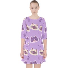 Cute-colorful-cat-kitten-with-paw-yarn-ball-seamless-pattern Quarter Sleeve Pocket Dress