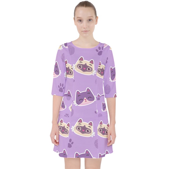 Cute-colorful-cat-kitten-with-paw-yarn-ball-seamless-pattern Quarter Sleeve Pocket Dress